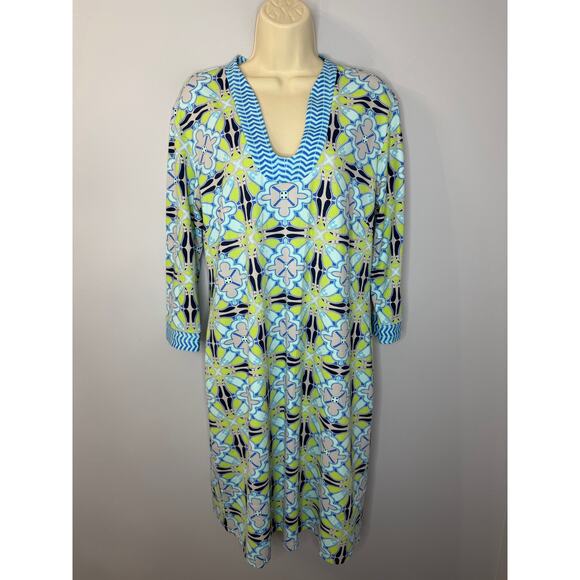 J. Mclaughlin Gisel Catalina Cloth Dress Blue Green Geometric Sheath Sz XL - Picture 1 of 10